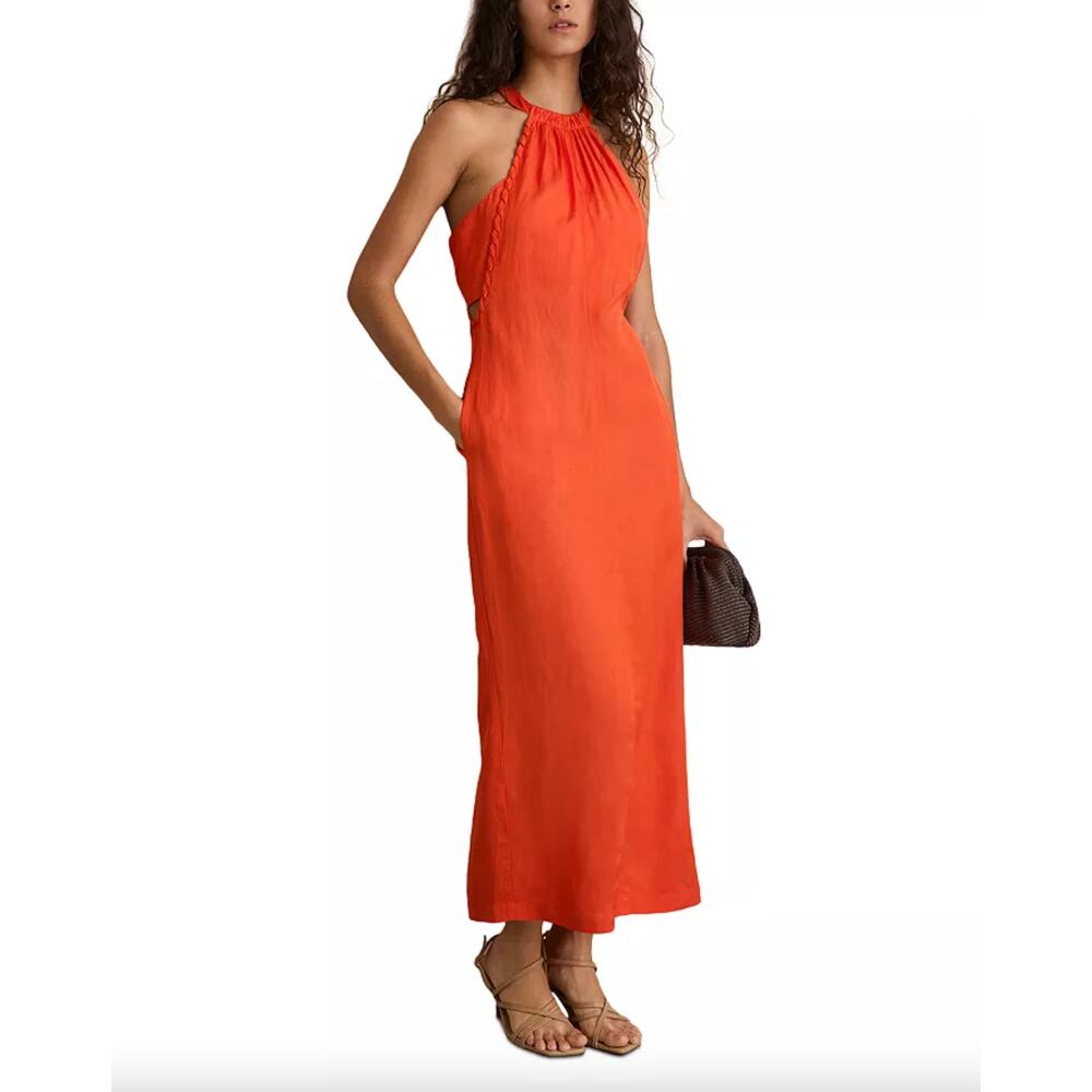 Nwt Reiss Erika Stitched Trim Orange Linen Blend Midi Dress Size 0